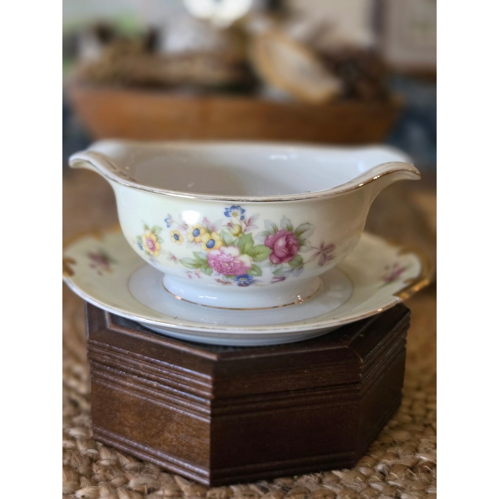Vintage Floral Porcelain Gravy Boat Attached Underplate Gold Trim Scalloped Edge